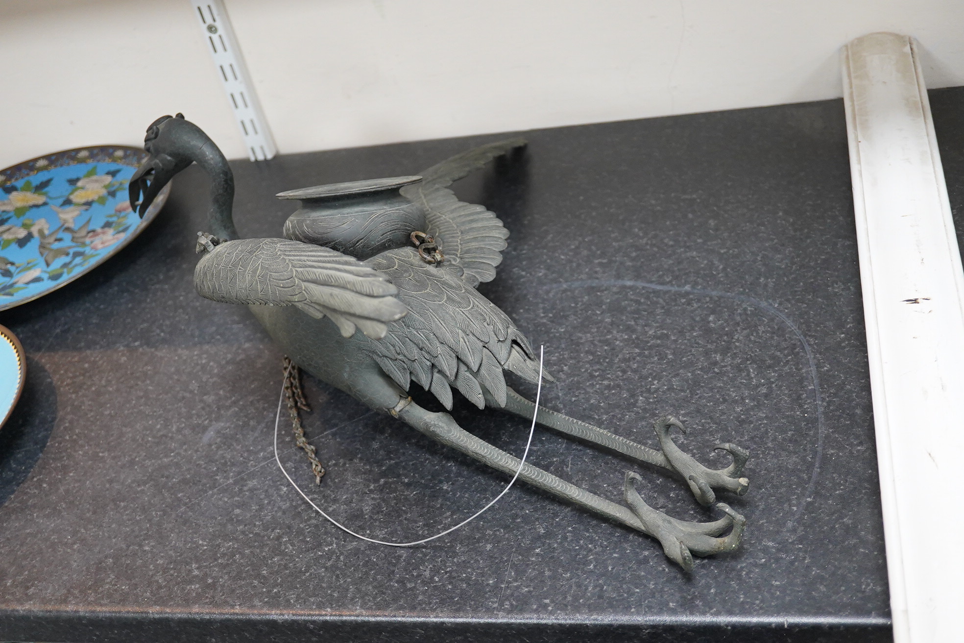 A large Japanese bronze ‘crane’ hanging lamp, 19th century